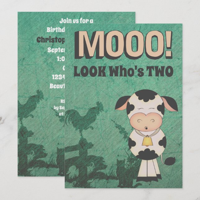Cute Retro MOOO! LOOK Who's Two Cow Farm Birthday Invitation (Front/Back)