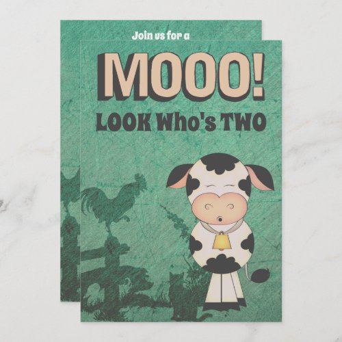 Cute Retro MOOO LOOK Whos Two Cow Farm Birthday Invitation