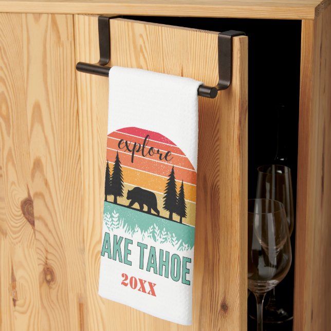 Cute Retro Mountain Lake Tahoe Souvenir Kitchen Towel (Thirds Fold)