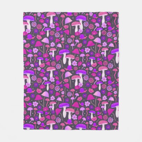 Cute Retro Mushrooms Trippy Purple Pink  Black Fleece Blanket