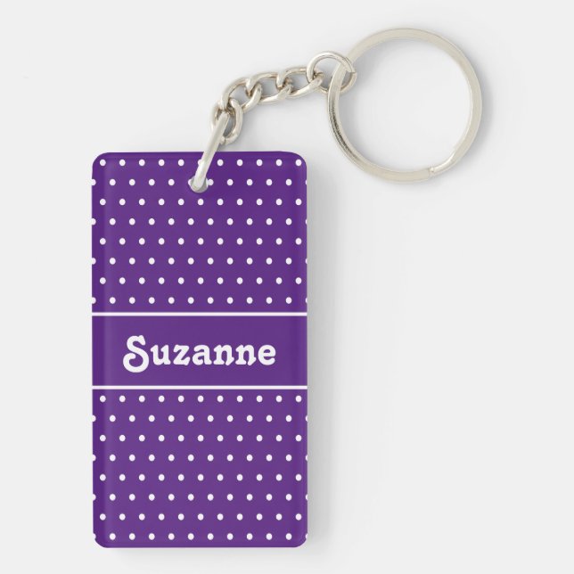Cute Retro Name Polka Dot Royal Purple & White  Keychain (Back)