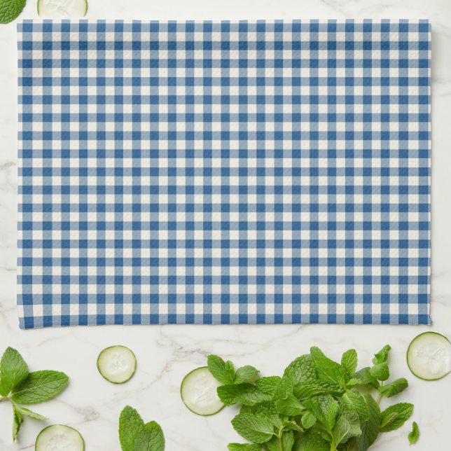 Cute Retro Navy Blue Gingham Plaid Pattern  Kitchen Towel (Folded)