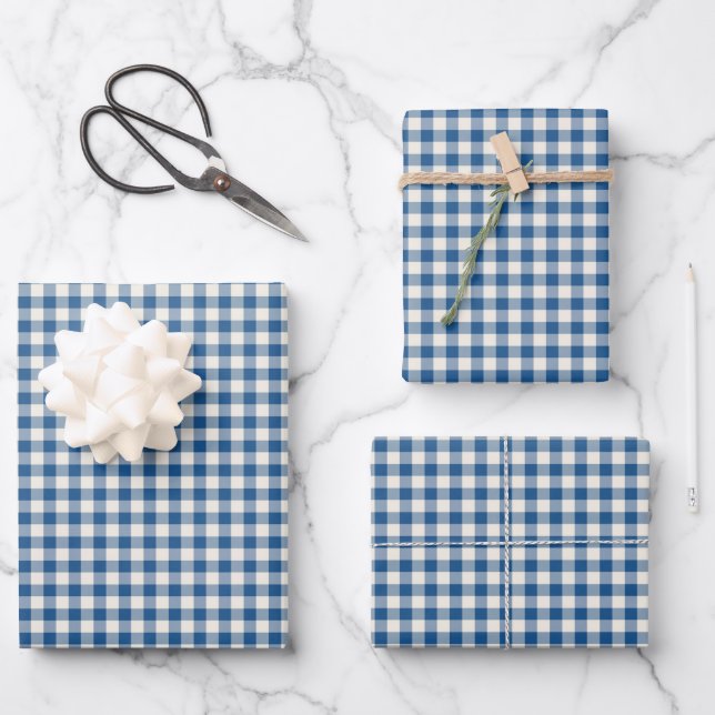 Cute Retro Navy Blue Gingham Plaid Pattern Wrapping Paper Sheets (Front)