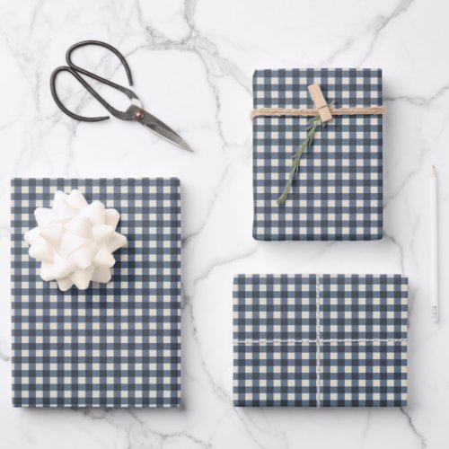 Cute Retro Navy Gingham Plaid Pattern Wrapping Paper Sheets