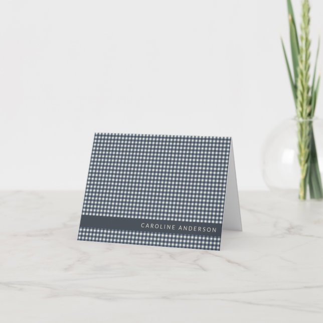 Cute Retro Navy Gingham Plaid Personalized Note Card (Front)