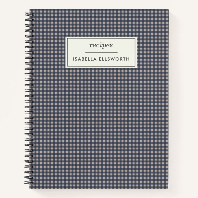 Cute Retro Navy Gingham Plaid Personalized Recipe Notebook (Front)