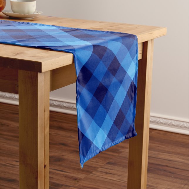 Cute Retro Ocean Blue Plaid Large Table Runner (In Situ)