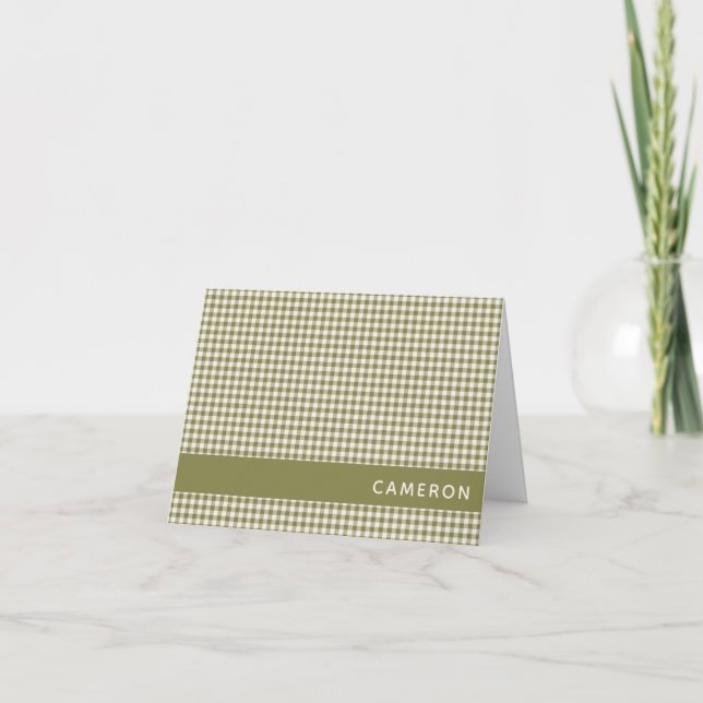 Cute Retro Olive Gingham Plaid Personalized Name Note Card (Front)