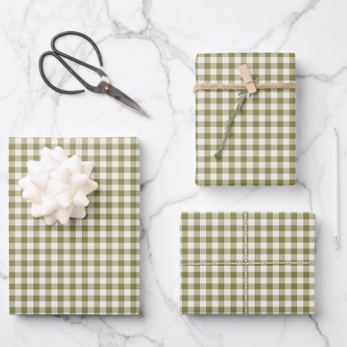 Cute Retro Olive Green Gingham Plaid Pattern Wrapping Paper Sheets