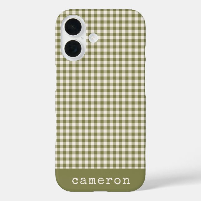 Cute Retro Olive Green Gingham Plaid Personalized Case-Mate iPhone Case (Back)