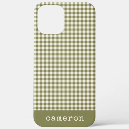 Cute Retro Olive Green Gingham Plaid Personalized iPhone 12 Pro Max Case