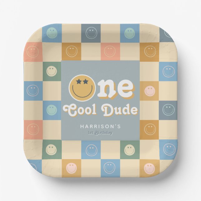 Cute Retro One Cool Dude Boys 1st Birthday  Paper Plates (Front)