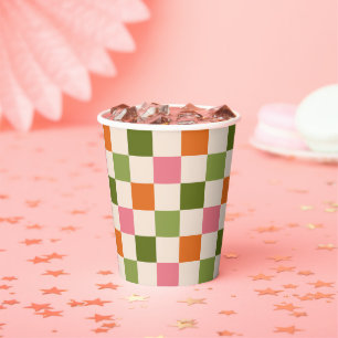 Cute Retro Orange Pink Green Checkerboard Pattern Paper Cups