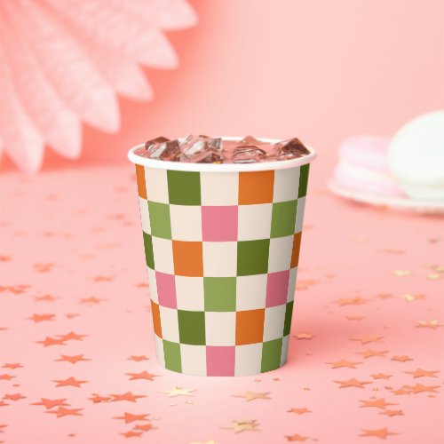 Cute Retro Orange Pink Green Checkerboard Pattern Paper Cups