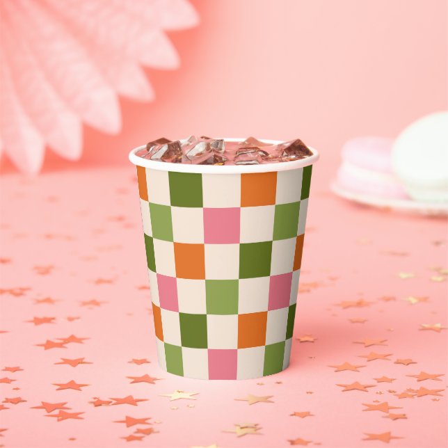 Cute Retro Orange Pink Green Checkerboard Pattern Paper Cups (Insitu)