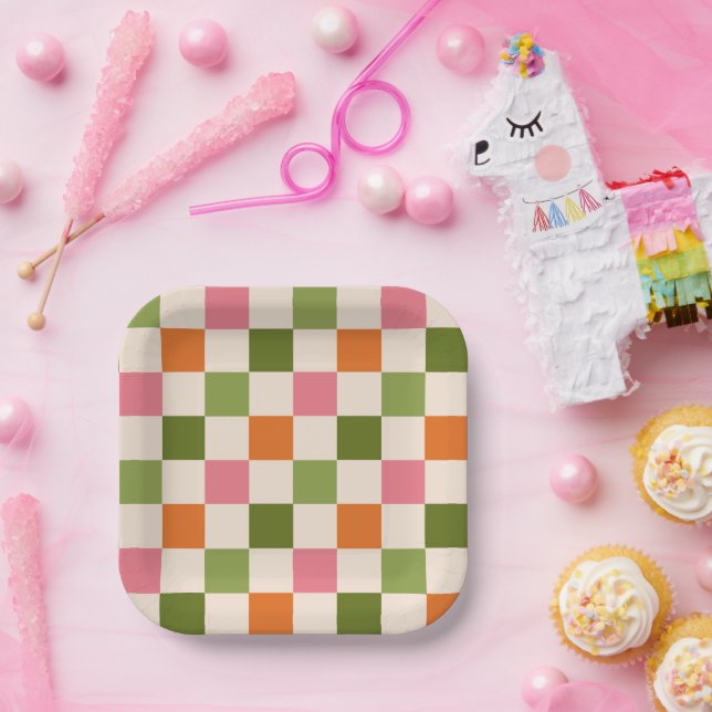 Cute Retro Orange Pink Green Checkerboard Pattern Paper Plates (Party)