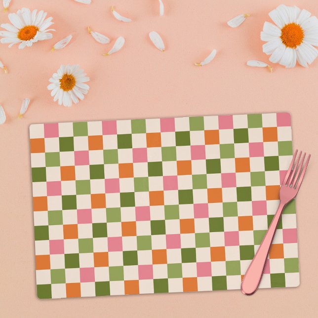 Cute Retro Orange Pink Green Checkerboard Placemat (Creator Uploaded)