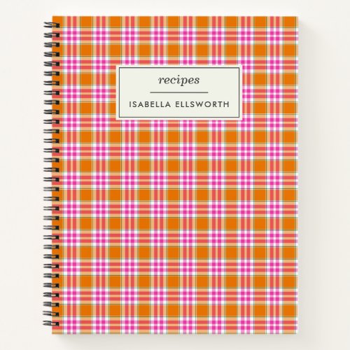 Cute Retro Orange Pink Plaid Personalized Recipe Notebook