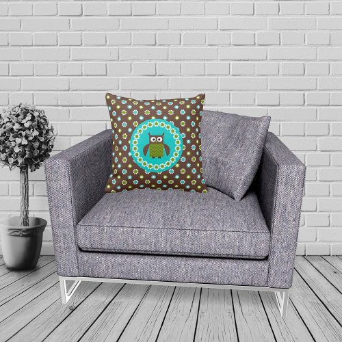 Cute Retro Owl and Flowers Kids Throw Pillow