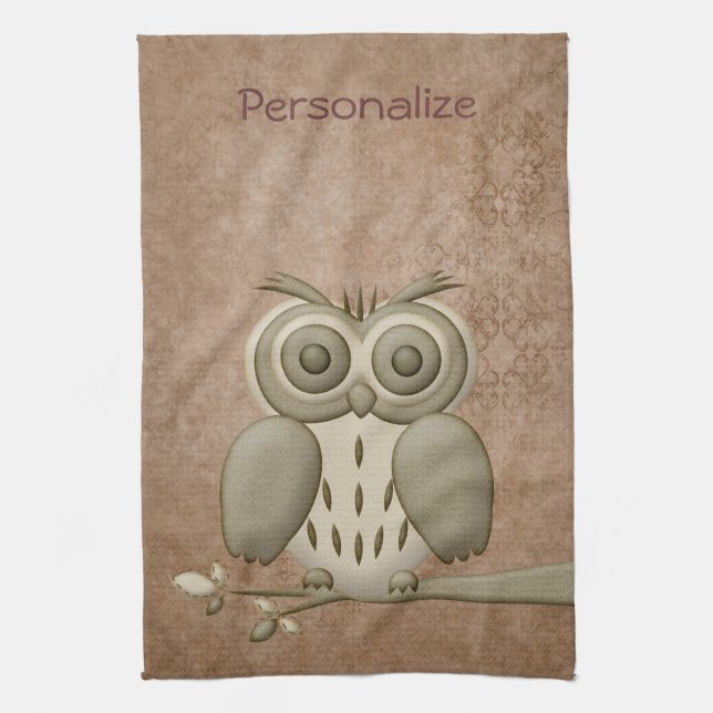Cute Retro Owl Personalized Kitchen Towel (Vertical)