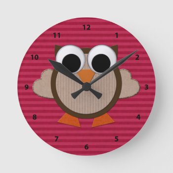 Cute Retro Owl Pink Stripe Clock by GroovyGraphics at Zazzle