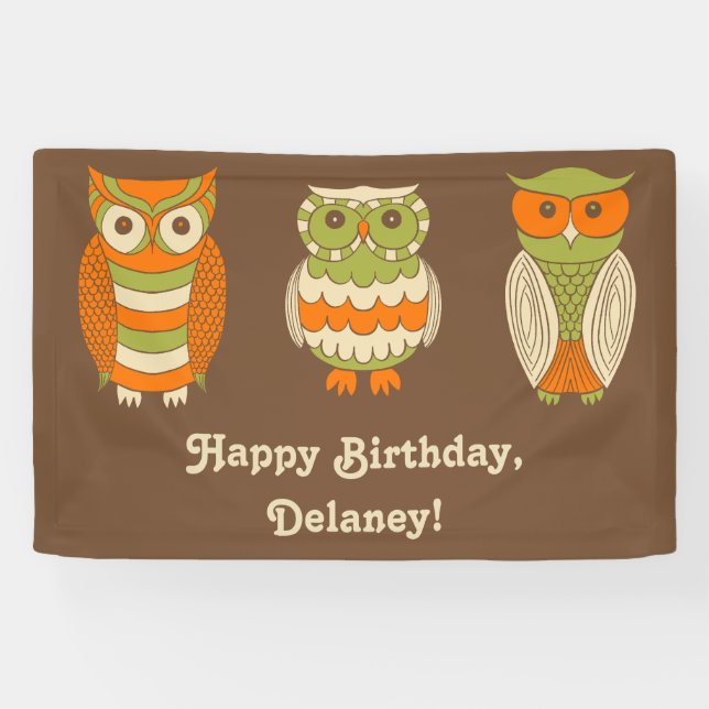 Cute Retro Owls Brown Personalized Banner (Horizontal)