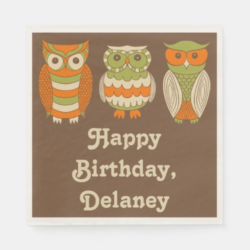 Cute Retro Owls Brown Personalized Napkins