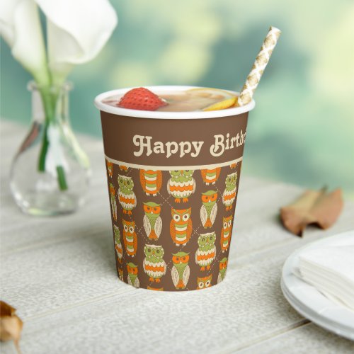 Cute Retro Owls Brown Personalized Paper Cups