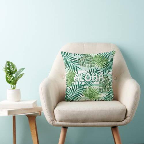 Cute Retro Palm Leaves Watercolor Art Welcome Throw Pillow