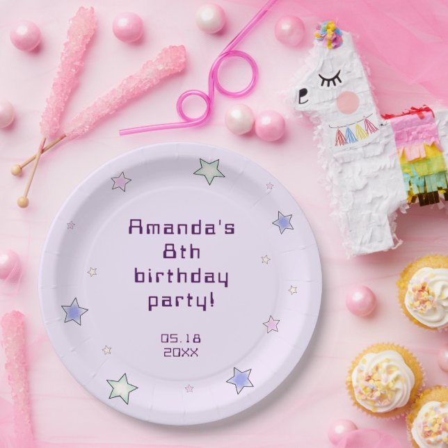 Cute Retro Pastel Stars Light Pink Kids Birthday  Paper Plates (Party)