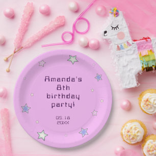 Cute Retro Pastel Stars Pink Kids Birthday Paper Plates