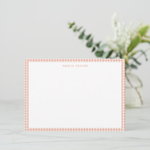 Cute Retro Peach Pink Gingham Plaid Personalized Note Card