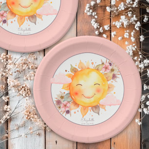 Cute Retro Pink Boho Flowers Sunshine Baby Shower Paper Plates