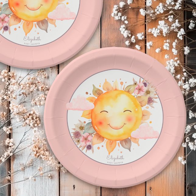 Cute Retro Pink Boho Flowers Sunshine Baby Shower Paper Plates (Creator Uploaded)