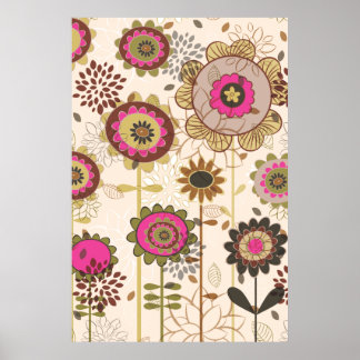 Cute retro pink, brown floral pattern custom poster