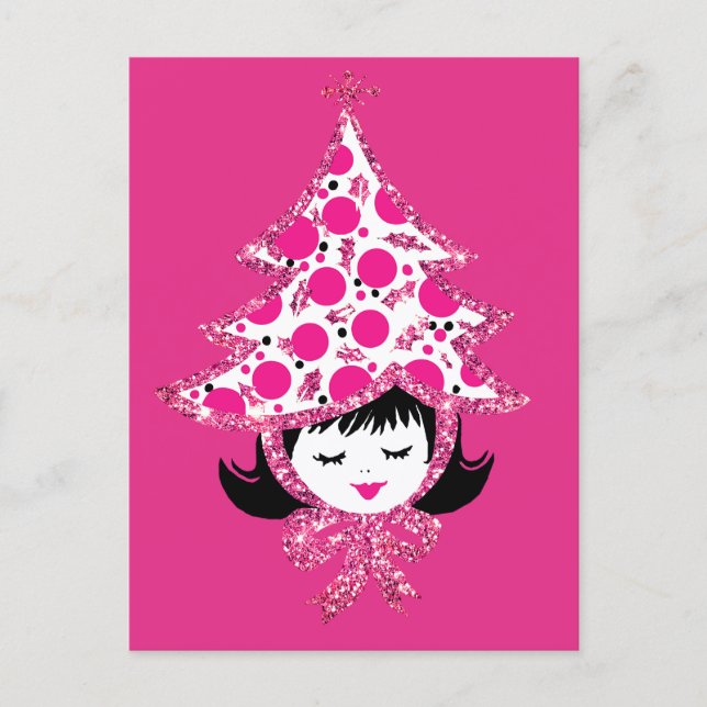 Cute Retro Pink Christmas Girl with Tree Hat Holiday Postcard (Front)