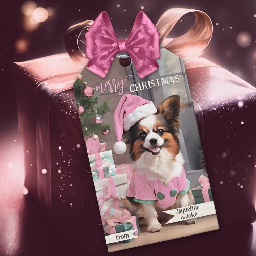 Cute Retro Pink Dog Merry Christmas Gift Tags