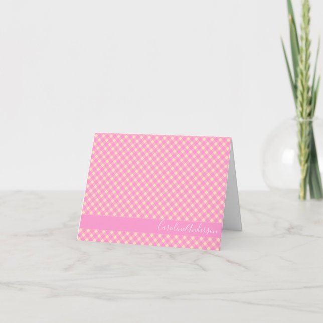 Cute Retro Pink Gingham Plaid Personalized  Note Card (Front)