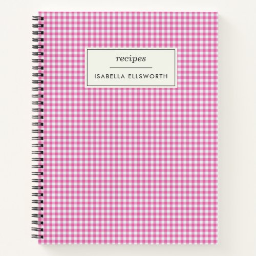 Cute Retro Pink Gingham Plaid Personalized Recipe  Notebook