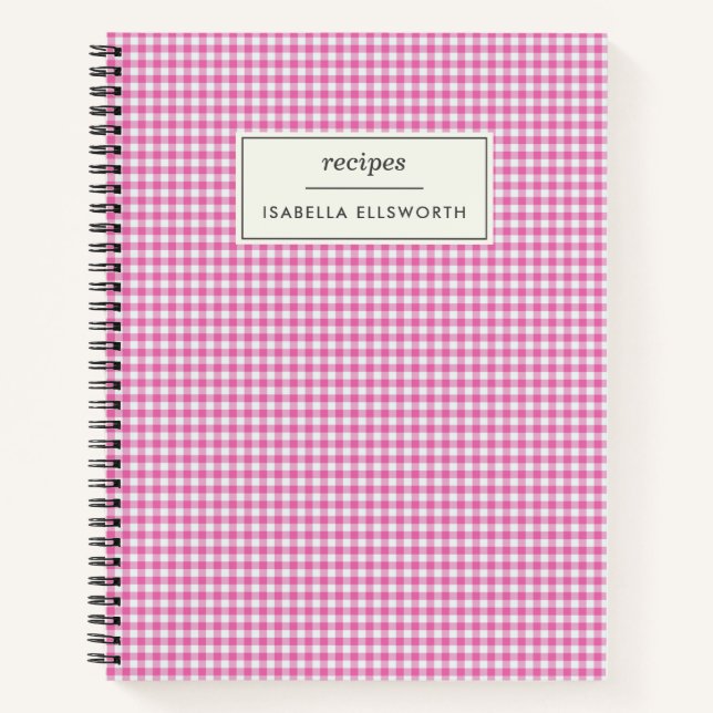 Cute Retro Pink Gingham Plaid Personalized Recipe  Notebook (Front)