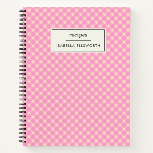 Cute Retro Pink Gingham Plaid Personalized Recipe  Notebook