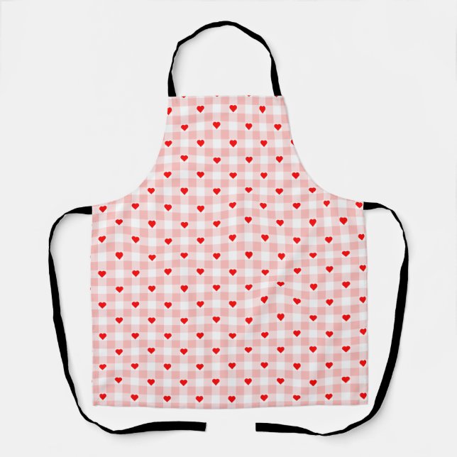 Cute Retro Pink Heart Gingham Plaid pattern Apron (Front)
