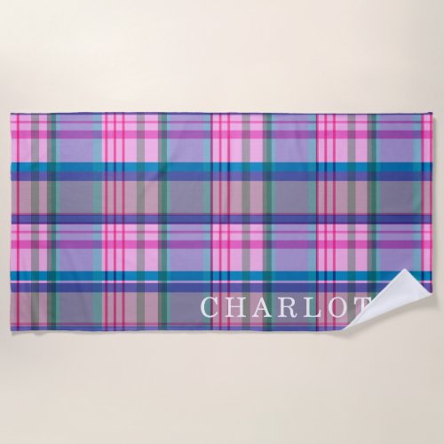 Cute Retro Pink Plaid Pattern Personalized Name Beach Towel