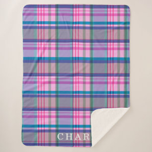 Cute Retro Pink Plaid Pattern Personalized Name Sherpa Blanket