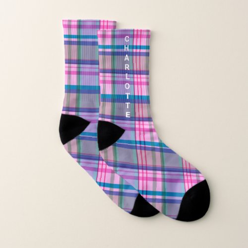 Cute Retro Pink Plaid Pattern Personalized Name  Socks