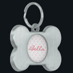 Cute Retro Pink Polka Dots Cat Dog Kitty Pup Name Pet ID Tag<br><div class="desc">Create your own custom, personalized, classy elegant dark pink typography script, retro cool stylish trendy light pink polka dots pattern background, fun, monogrammed, UV resistant and waterproof, burnished silver bone-shaped pet dog cat doggy puppy kitten kitty ID name tag. Simply enter your pet's name / your text, to customize. Great...</div>