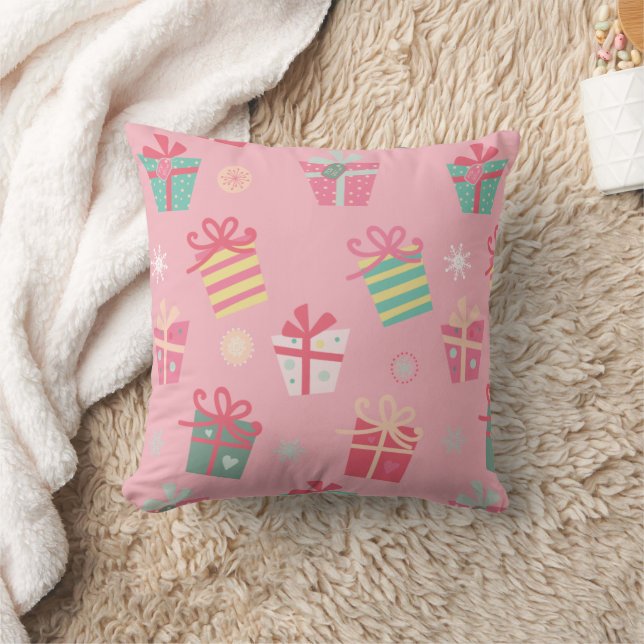 Cute Retro Pink Presents Christmas Throw Pillow (Blanket)