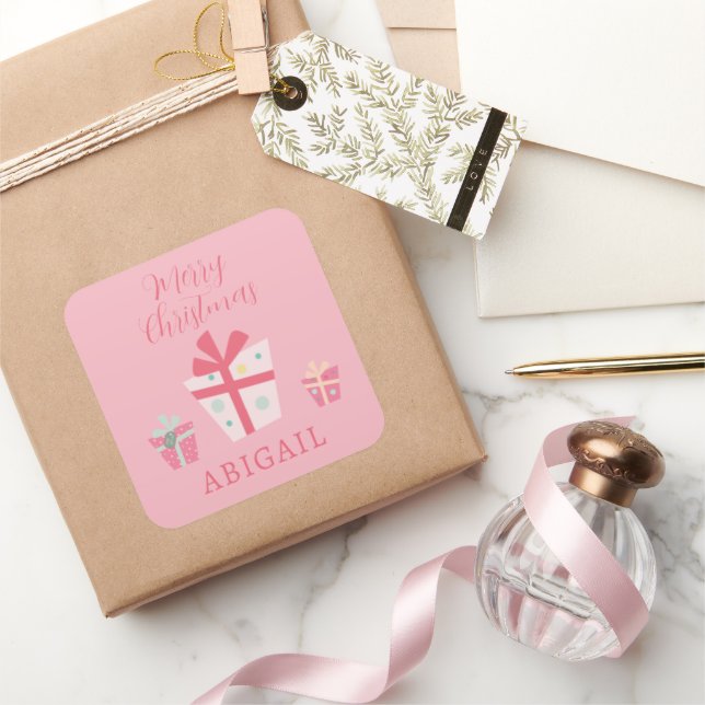 Cute Retro Pink Presents Holiday Christmas  Square Sticker (Gifting)