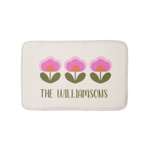 Cute Retro Pink Scandinavian Flower Personalized Bath Mat