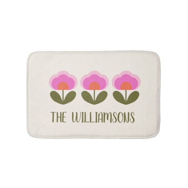 Cute Retro Pink Scandinavian Flower Personalized Bath Mat (Front)
